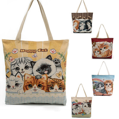 

Women Girls Canvas Shoulder Bag Handbag Cute Cat Embroidery Large Capacity Casual Shopping Bag Totes
