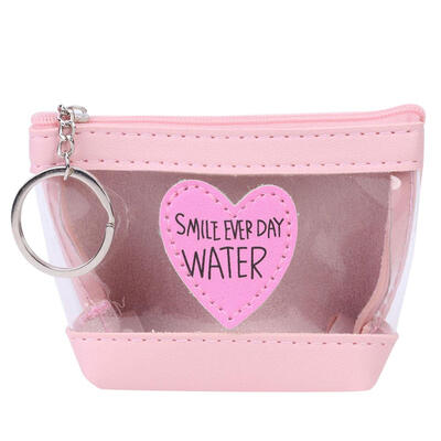 

Leather Short Clutch Women Money Coin Purse Clear Heart Decor PVC Wallet