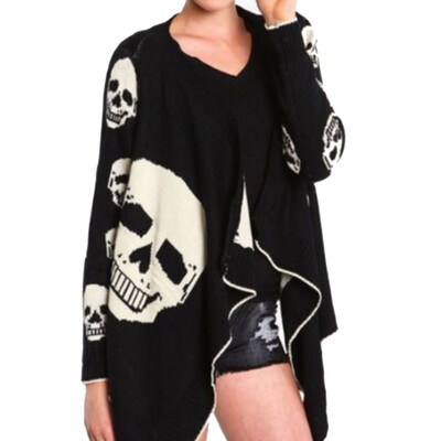 

Women Fashion Shawl Printed Skulls Loose Long Sleeve Irregular Hem Cardigan Coat