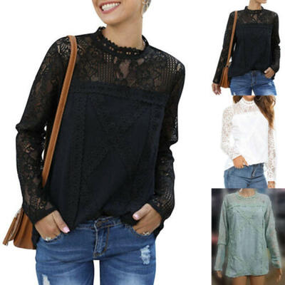 

AU Hot Women Lace Tunic Tops Long Sleeve Casual Loose Tops Blouse Shirts T-Shirt
