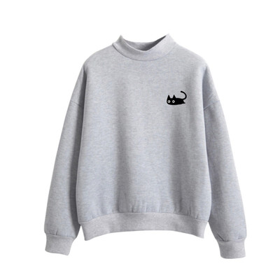 

Autumn Casual Harajuku Kawaii Black Cat Sweatshirts Cosy Women Long Sleeve Turtleneck Tops Pullover Funny Cartoon kpop