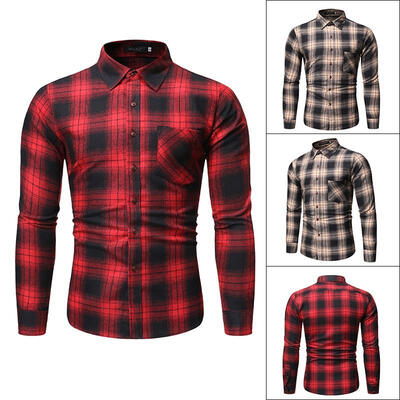 

Male Casual Long-sleeved Plaid Shirt Single Breasted Men\s Lapel Tops Shirt