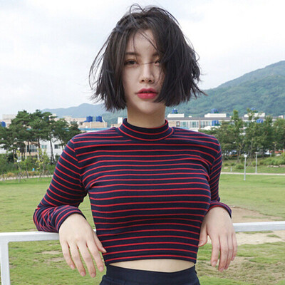 

Korean Style Long Sleeve T Shirts Womens Harajuku Striped Slim Cropped Top T-shirt