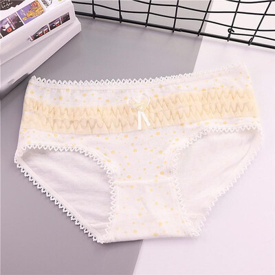 

Cute Women Underwear Cotton Blends Polka Dot Print Crochet Lace Scallop Tied Ruffle Elastic Waist Bow Briefs