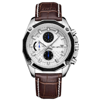 

MEGIR Genuine Leather Strap Quartz Man Wristwatch Awesome Analog Watch With Calendar&Sub-dial