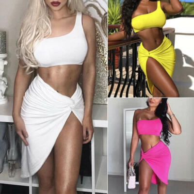 

2Pcs Set Dress Suit Ladies Summer Sleeveless Sexy Crop Top & Bodycon Midi Skirt