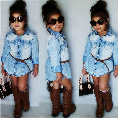 

Toddler Kids Girl Long Sleeve Denim Loose Button Tops Shirt Clothes W Belt