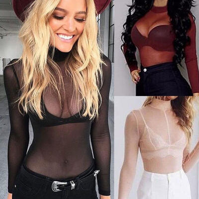 

Women Sheer Mesh Fish Net Long Sleeve Turtle Neck See Crop Top T-Shirt Blouse