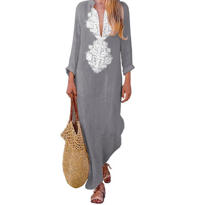 

Plus Size Women Long Sleeve Loose Irregular Cotton Linen Dress Casual Sexy Long Dress V-neck Maxi Vestidos