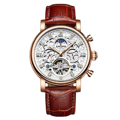 

KINYUED Luxury Diamond Automatic Mechanical Watch Water-Proof Self-Wind Skeleton Man Business Wristwatch Chrono Genuine Leather