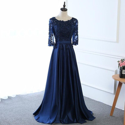 

Hot Sale Long Mother of The Bride Dresses Dark Blue Lace Embroidered 34 Sleeve Banquet Evening Dress