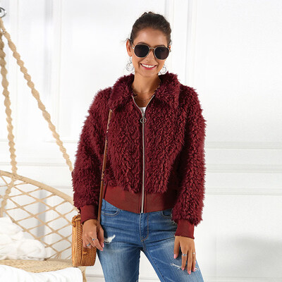 

Winter Warm Women Short Jacket Coat Lapel Long Sleeve Zipper Outwear Plus Size