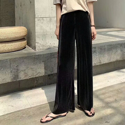 

Women Ice Silk Wide Leg Pants High Waist Loose Vertical Straight Leg Trousers