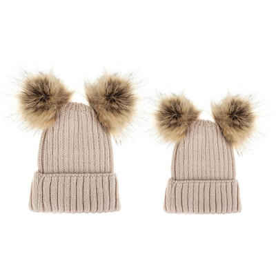 

2pcs Parent-offspring Cap Cute Baby Mom Pompon Winter Warm Knit HatKhaki