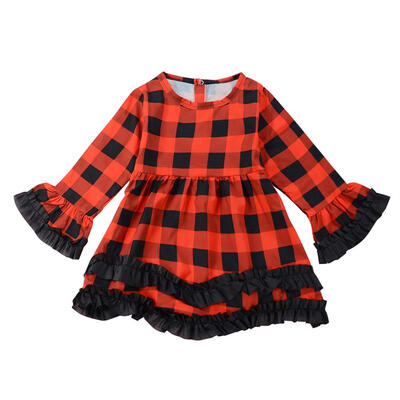 

Girls Ruffle Sleeve Fashion Autumn Dress Kids Cute Plaid Pleated Clothing