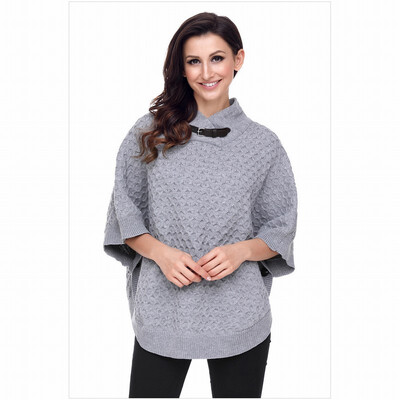 

High neck half sleeve waffle wool knit shawl casual sweater womens