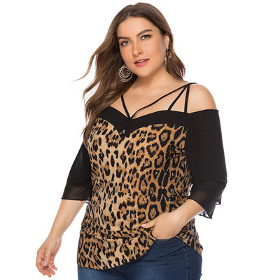 

Nomeni Womens Plus Size Casual V-neck Half-Sleeved Sling Leopard Stitching Top T-shirt
