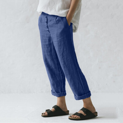 

Tailored Women Casual Solid Cotton Linen Pants Trousers Button Loose Wide Leg Pants