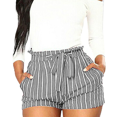 

Tailored Women Stripe Printing Pocket High Waist Bandage Easy Elastic Casual Short Pants