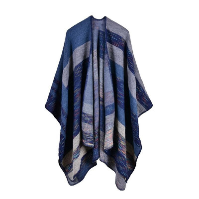 

New Women Knitted Poncho Cape Contrast Stripe Oversized Cardigan Sweater Long Shawl Scarf Cashmere Pashmina