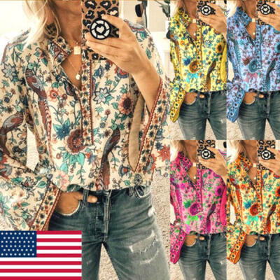 

Vintage Women Printed Ethnic Style Long Sleeve Blouse Ladies Boho V Neck Tops