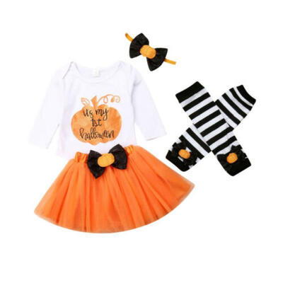 

4PCS Baby Girls Tutu Skirt Pumpkin Romper Tops Halloween Fancy Dress Costume