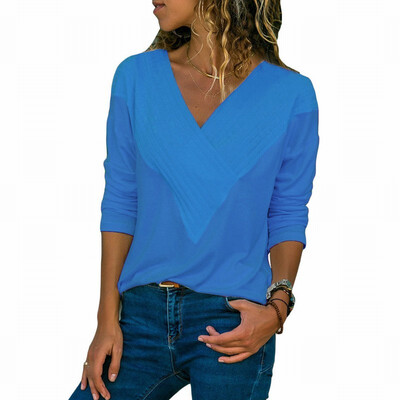 

Solid color V-neck long-sleeved slim T-shirt casual ladies shirt top