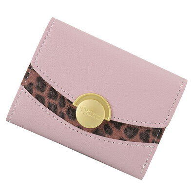 

Lady Leopard Patchwork Round Button Trifold Short Wallet Faux Leather Coin Purse