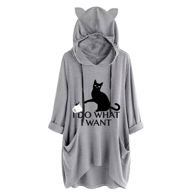 

Women top T-Shirt Casual Print Cat Ear Hooded T-Shirt Long Sleeves Pocket Irregular top femme