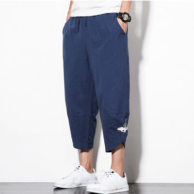 

Tailored Mens Summer Fashion Leisure Cotton And Linen Embroidery Loose Calf-Length Pants