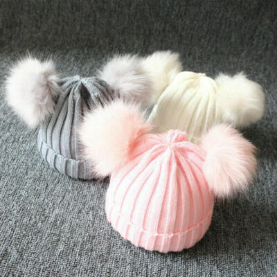 

US Baby Girls Boy Knitted Winter Warm Bobble Hat Double Pom Crochet Stretchy Hat