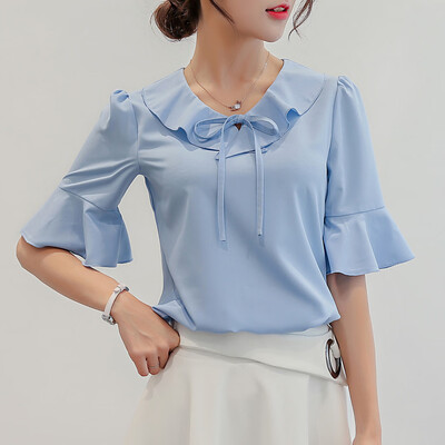 

Starmoon Women Summer Work Office Tie up Short Sleeve Solid Chiffon Blouse Plus Shirt Top