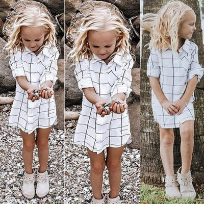 

Summer Toddler Kids Baby Girls Outfits Clothes Plaid Long Sleeve T-shirt Casual Turn-town Collar Beach Shirts Dress