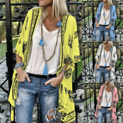 

Womens Short Floral Long Sleeve Kimono Cardigan Blouse Loose Casual Jacket Tops