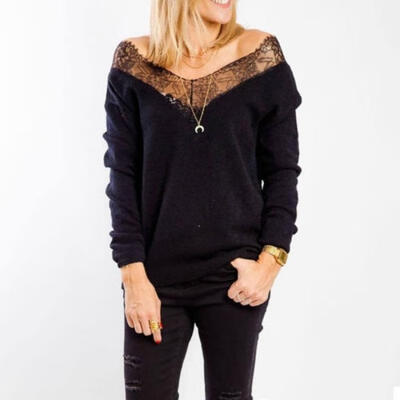 

Women&39s Off Shoulder Lace V Neck Hoodie Sweater Long Sleeve Tops Jumper Pullover