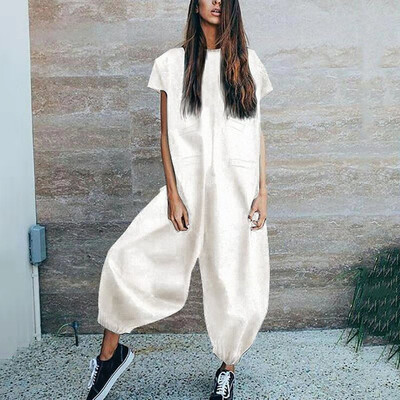 

Starmoon Women O-Neckline Solid Romper Short Sleeve Casual Zipper Loose Jumpsuits