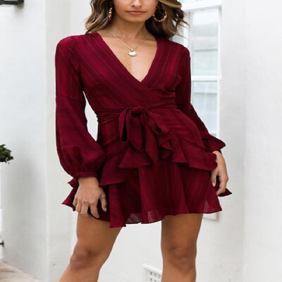 

Deep V-neck Solid Stripe Pattern Strappy Ruffle Shirt Long Sleeve Fit Dress