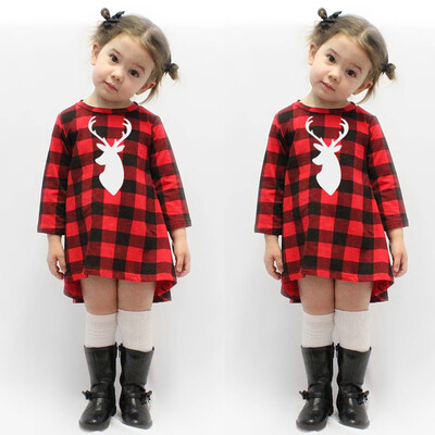 

Toddler Infant Kids Baby Girl Christmas Plaid Deer Princess Dress Clothes Outfit