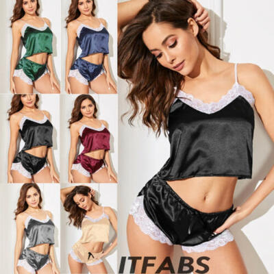 

2019 Womens Lace Silk Sleepwear Sexy Babydoll Nightdress Lingerie Pajamas 2Pcs