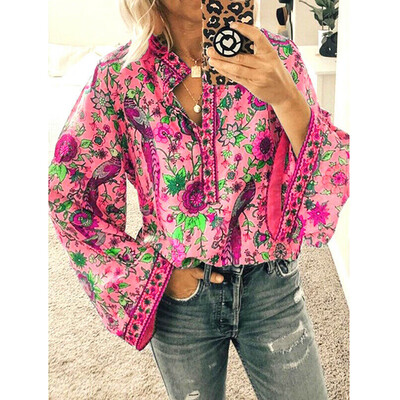 

Vintage Women Printed Ethnic Style Long Sleeve Blouse Ladies Boho V Neck Tops