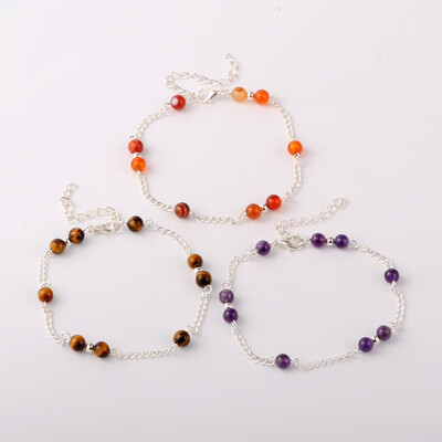 

Gemstone Anklet with Iron Curb Chains Iron Beads&Zinc Alloy Lobster Claw Clasps Mixed Stone 235mm