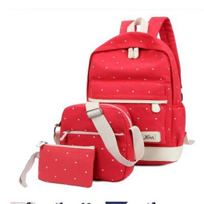 

Teenager Student Backpacks Three Pieces Large-capacity Canvas Simple Polka Dot Lace Decoration Rucksack Women Backpack