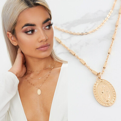 

Europe&the United States Gold Renaissance three-layer chain Madonna pendant necklace Korean version of the handmade bamboo chain multi-layer items