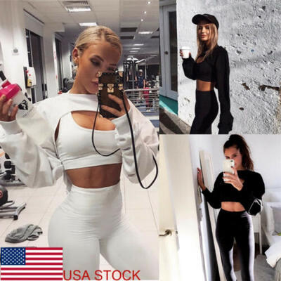 

USA Women Girls Short Sweatshirts Long Sleeve Crop Hollow Out Pullover Tops New