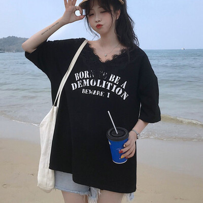 

Summer Tops Womens Harajuku Style Lace Stitching V Neck Letter Print Short Sleeve Loose T-Shirt camisetas verano mujer