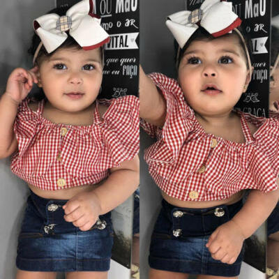

US 2PCS Toddler Kid Baby Girl Summer Clothes Plaid Tops Denim Dress Skirt Outfit