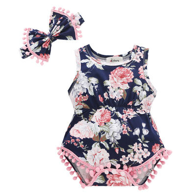 

Hot Summer Baby Girl Triangle Romper Baby Floral Romper Sleeveless Ball Jumpsuit Hair Band Infant Clothes