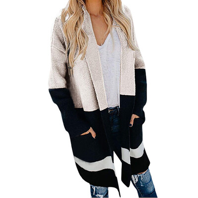 

Toponeto Women Casual Stripe Pocket Long Sleeve Loose Knitting Sweater Cardigans Coat