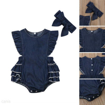 

US Newborn Kids Baby Girl Denim Ruffle Jumpsuit Headband Summer Casual Outfits