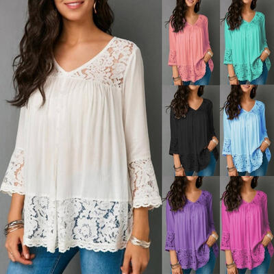 

2018 women casual lace t-shirt loose long-sleeved V-neck top Autumn Tops